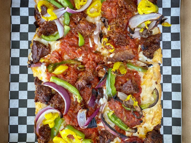 Guerrilla Pizza serves Detroit vegan pizza in Las Vegas. For more vegan pizza options in Las Vegas, visit www.vegansbaby.com