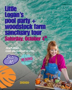 Event flyer for Little Logan’s Farm vegan pool party and sanctuary tour