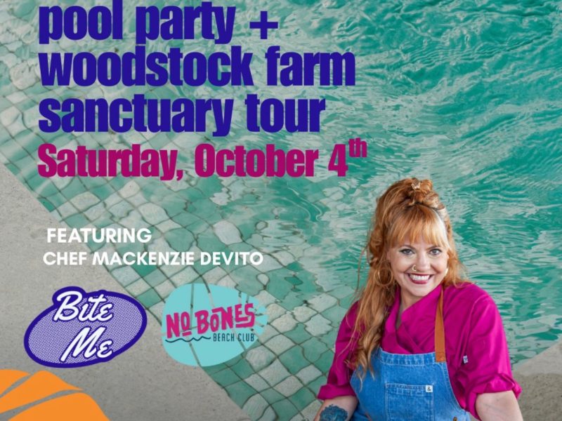 Event flyer for Little Logan’s Farm vegan pool party and sanctuary tour