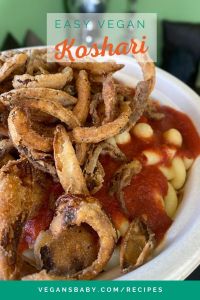 Easy vegan koshari recipe from Iman Haggag of POTs in Las Vegas. For more vegan recipes visit www.vegansbaby.com/recipes